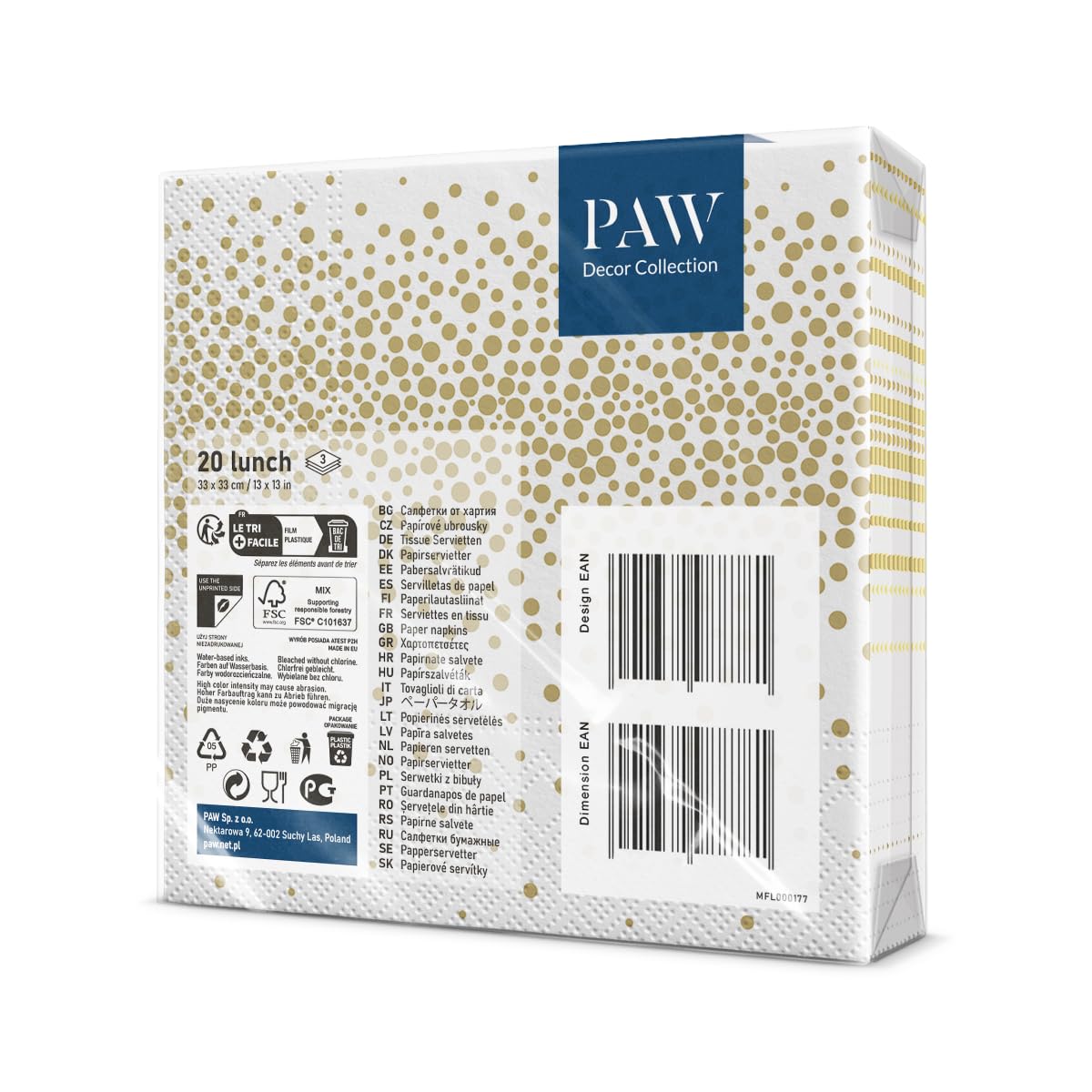 PAW Decor Collection Paper Napkins - Confetti Gold | 33 x 33 cm | 20 Pack