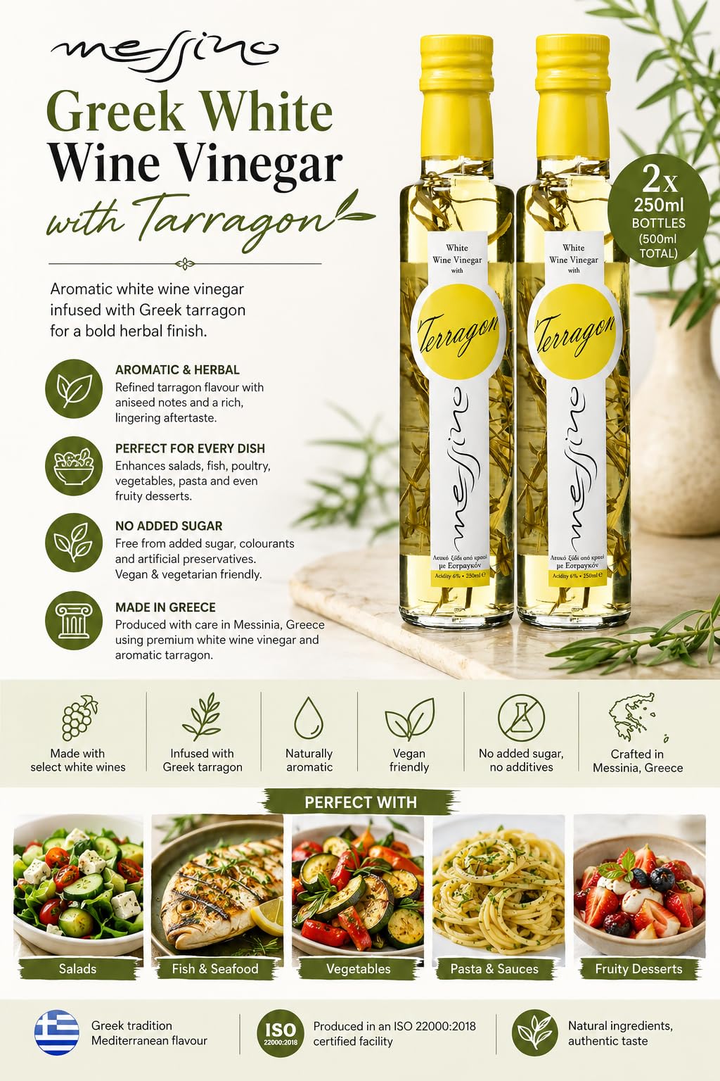 Messino Greek White Wine Vinegar with Tarragon - 2 x 250ml Bottles | Aromatic Herbal Flavour | Made in Greece