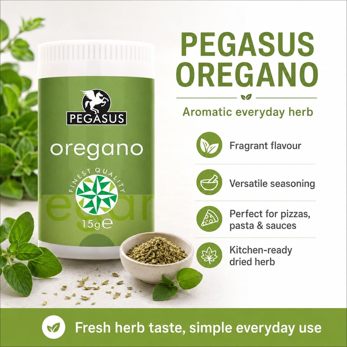 Pegasus Dried Oregano Leaves - 15g Jar | Premium Mediterranean Herb | Multi-Purpose Seasoning