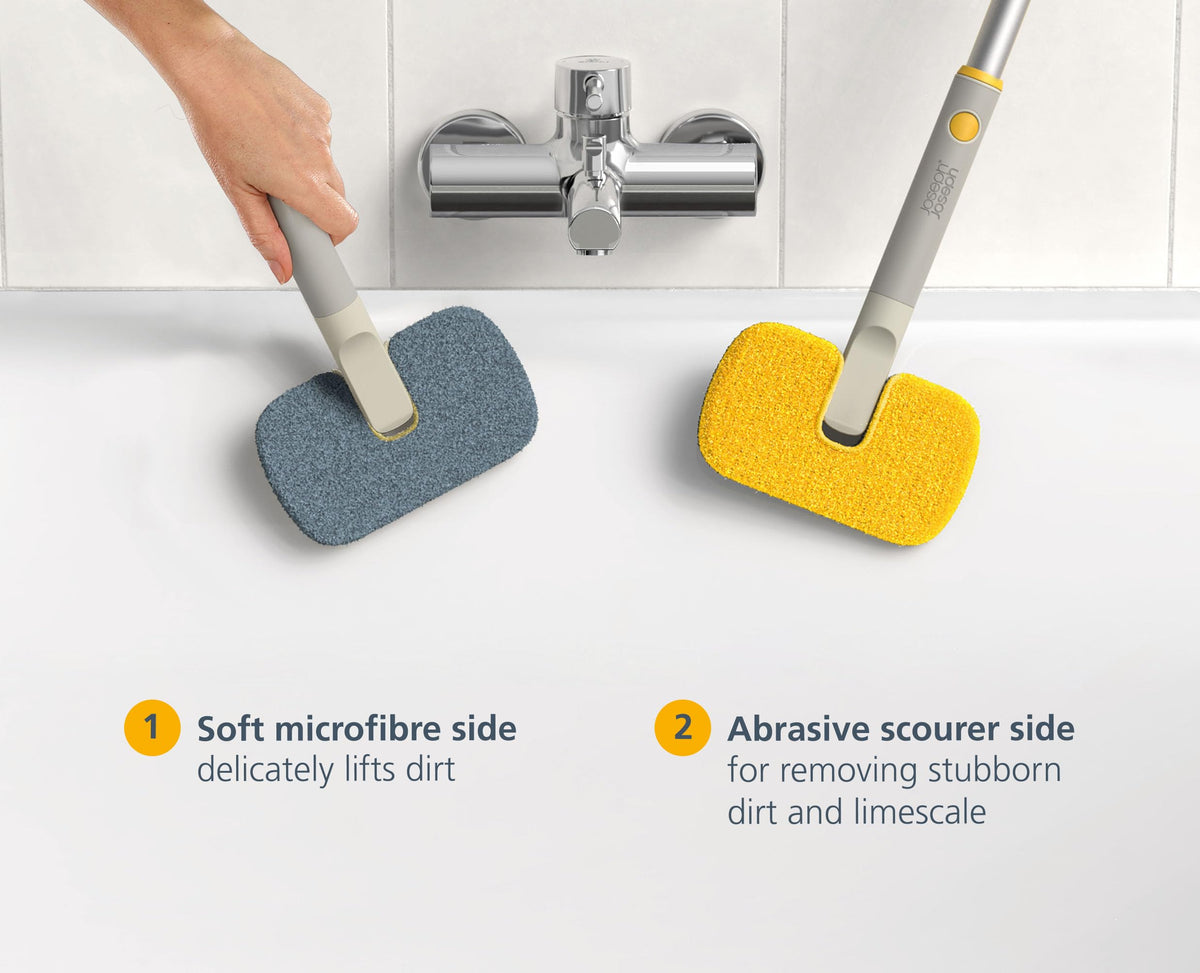 Joseph Joseph CleanTech 2-in-1 Bathroom Scrubber - Microfibre & Scourer Pads | Soft-Grip Handle | Light Stone 7