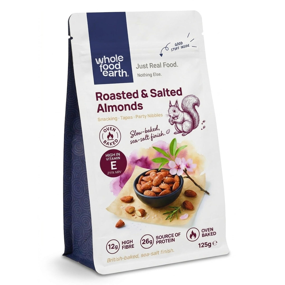 Wholefood Earth Roasted & Salted Almonds - Baked Not Fried | High Fibre | 125g