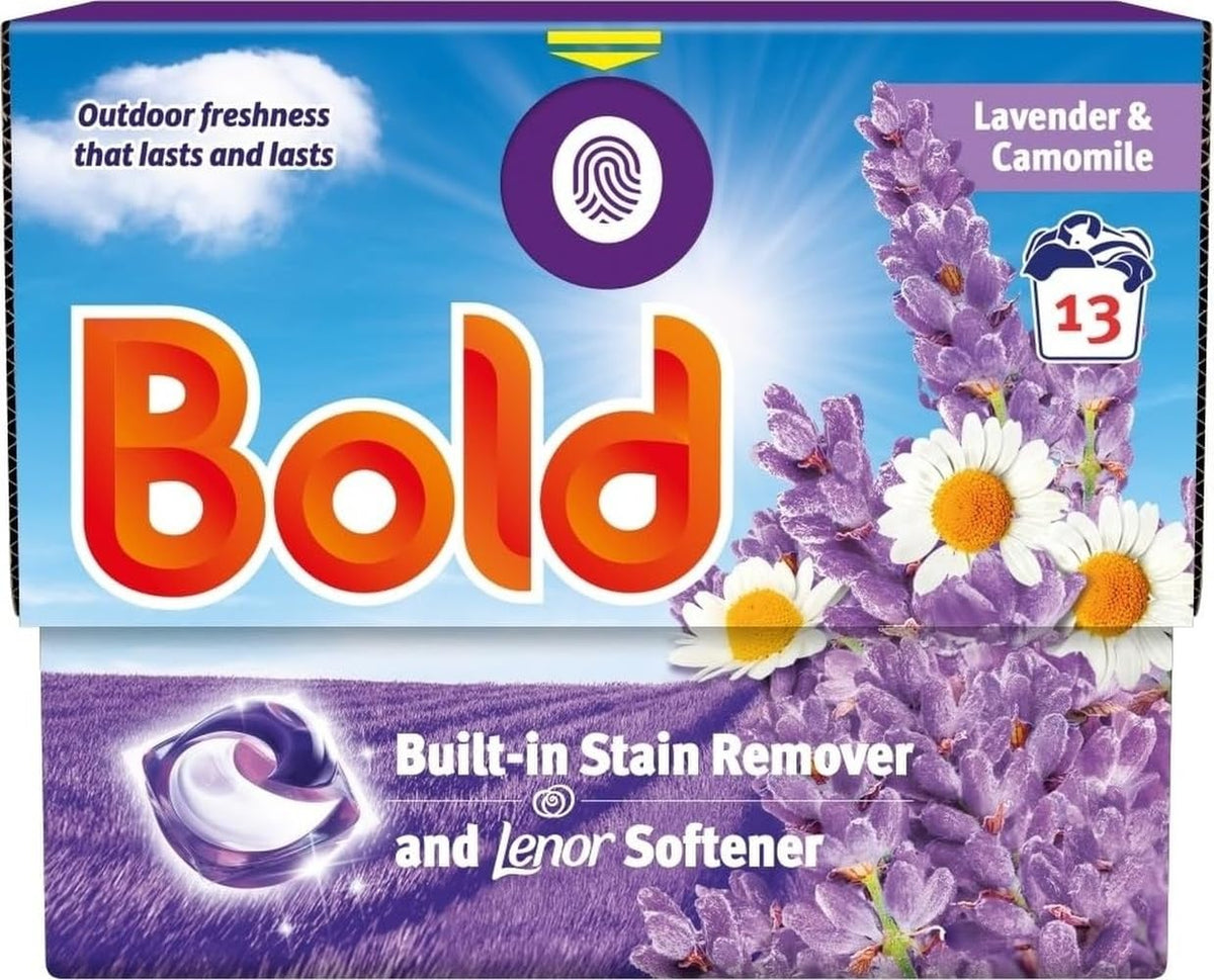 Bold PODS Laundry Detergent Capsules - Lavender & Camomile Scent, Built-in Stain Remover & Lenor Softener, 13 Washes