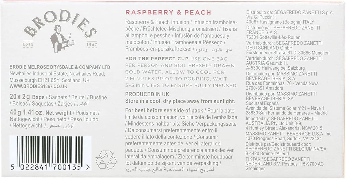 Brodies Raspberry & Peach Flavored Black Tea - Caffeine-Free, 120 Tea Bags (6 Boxes of 20) 8