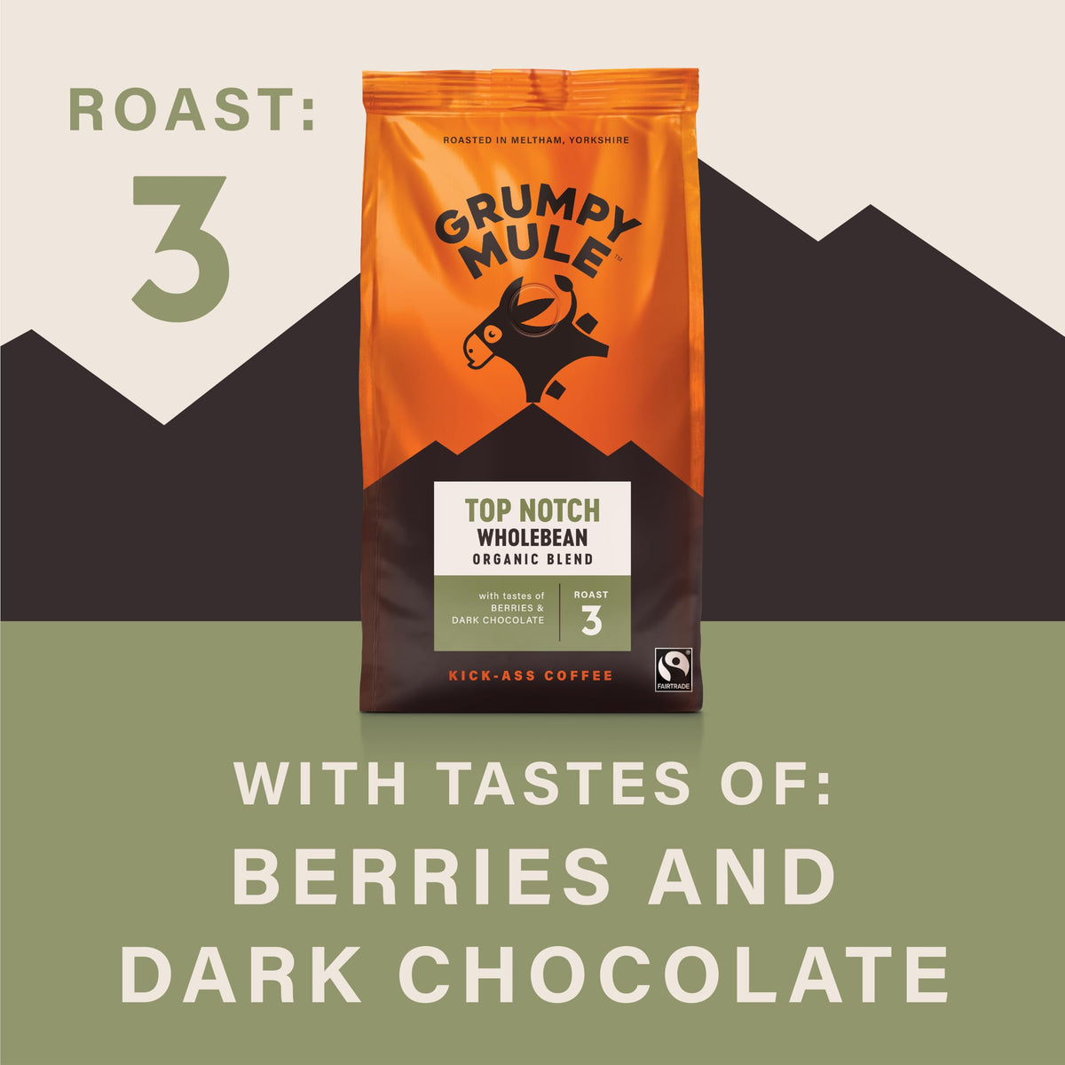 Grumpy Mule Top Notch Organic Blend Whole Coffee Beans - Roast Level 3, Berry & Dark Chocolate Notes, 500g