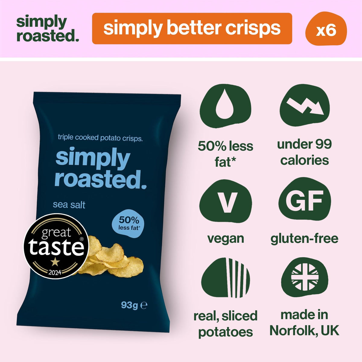 Simply Roasted Sea Salt Crisps - 50% Less Fat Multipack | 6 x 93g Sharer Bags