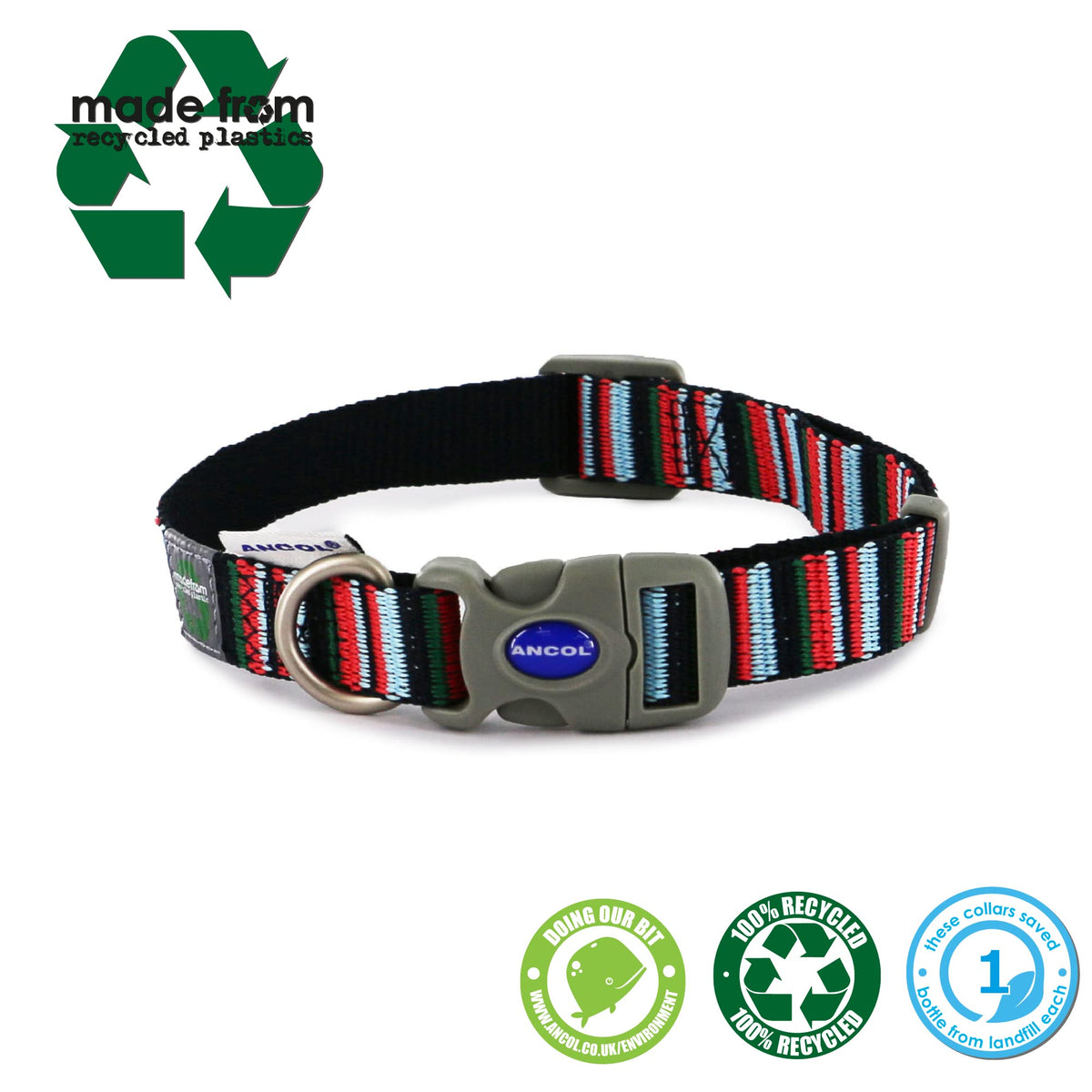 Ancol Large Navy Candy Stripe Recycled Webbing Dog Collar