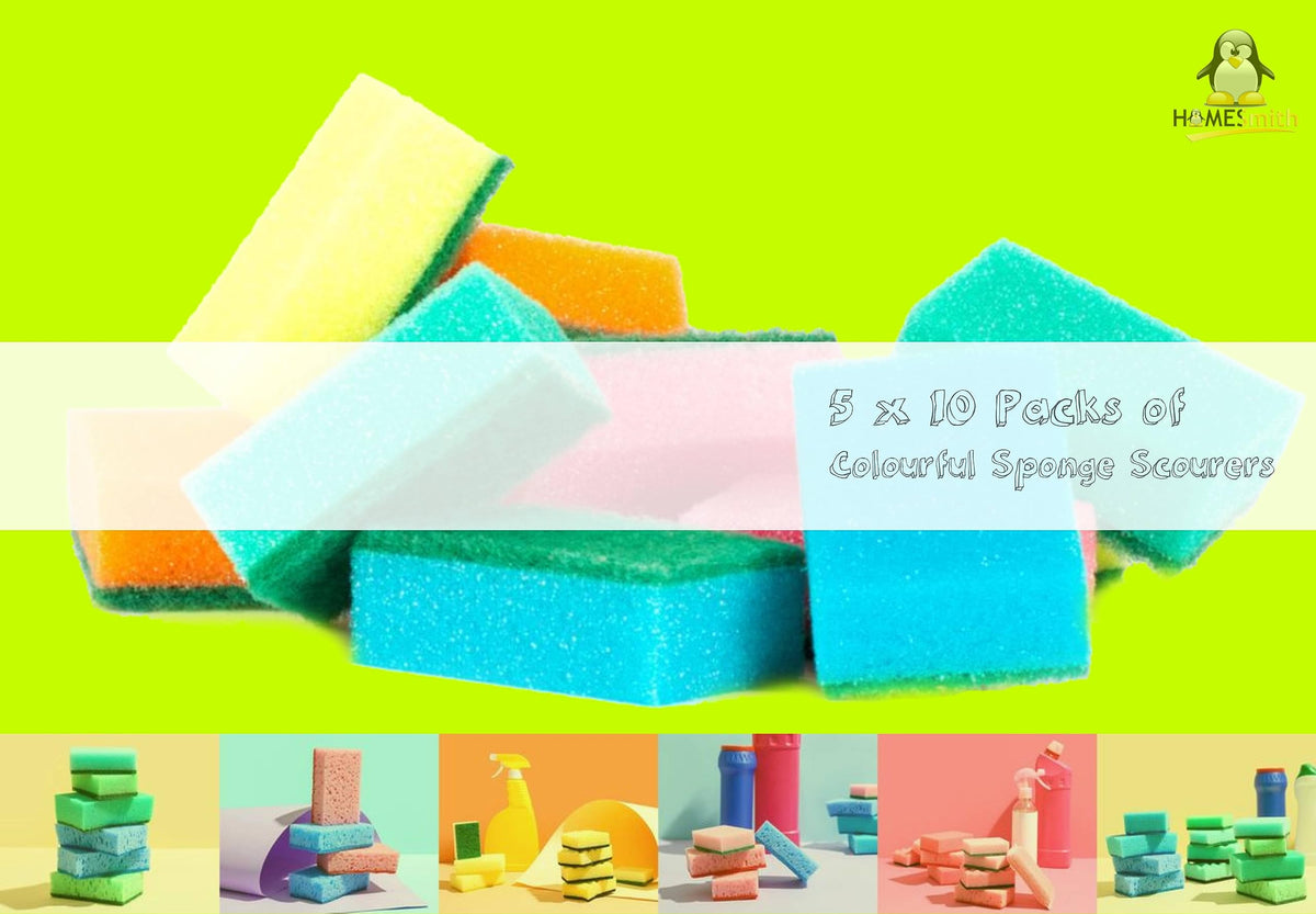 HomeSmith Colourful Sponge Scourers - Pack of 50 | Dual-Sided | Reusable