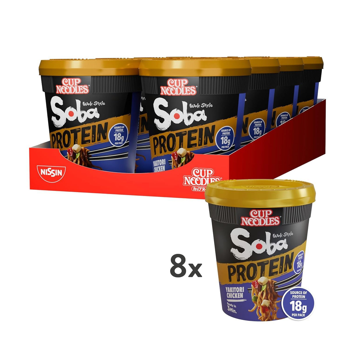 NISSIN Soba Protein Yakitori Chicken Noodles - 18g Protein, 8-Pack