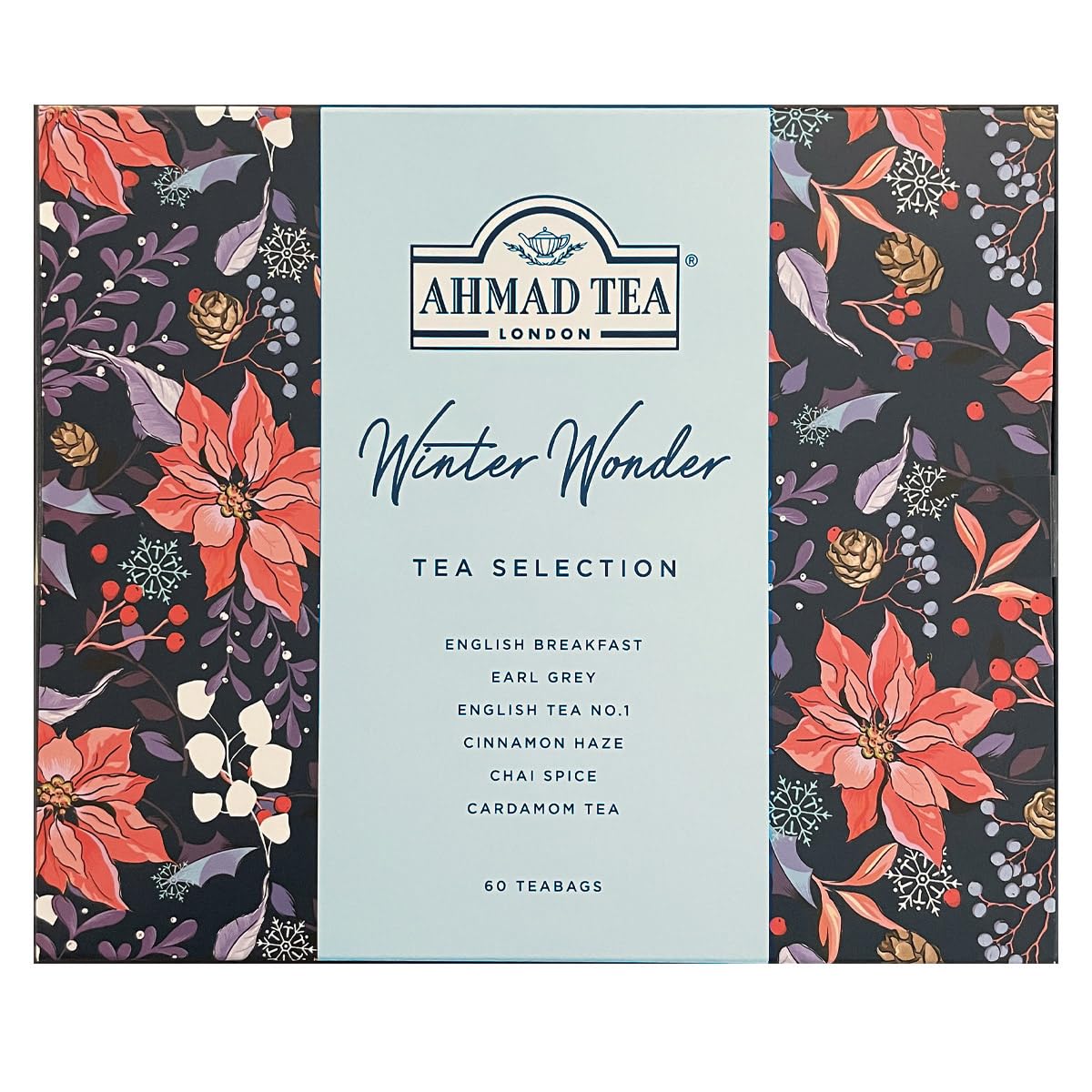 Ahmad Tea Christmas Selection Pack - 60 Teabags - English Breakfast, Earl Grey, Cinnamon Haze, Cardamom, Chai Spice & English Tea No.1 1