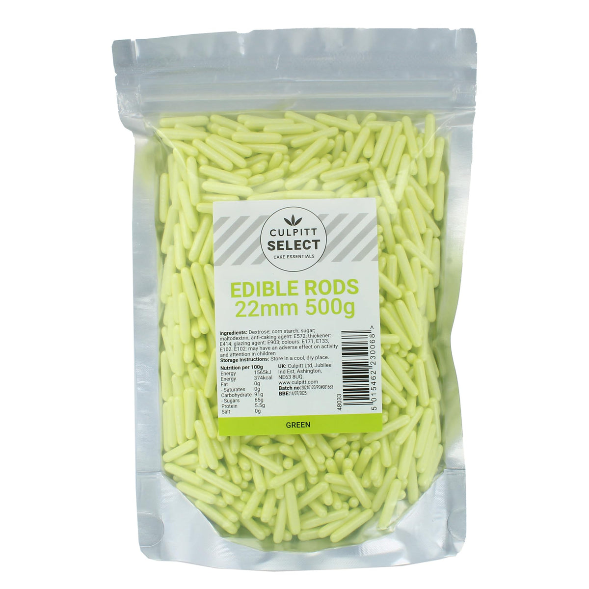 Culpitt Green Sugar Rods Sprinkles - 500g Pouch | Edible Cake Decorations | 22mm Size