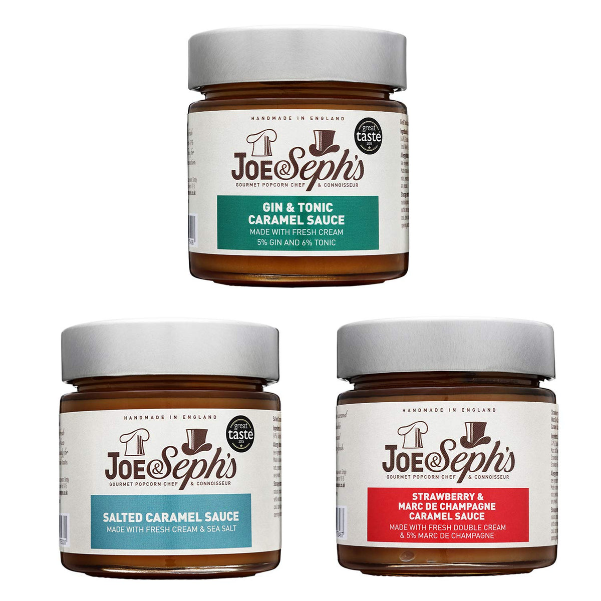 Joe & Seph's Gourmet Caramel Sauce Selection Set - 3 x 230g Jars | Salted Caramel, Gin & Tonic, Strawberry & Marc de Champagne 1