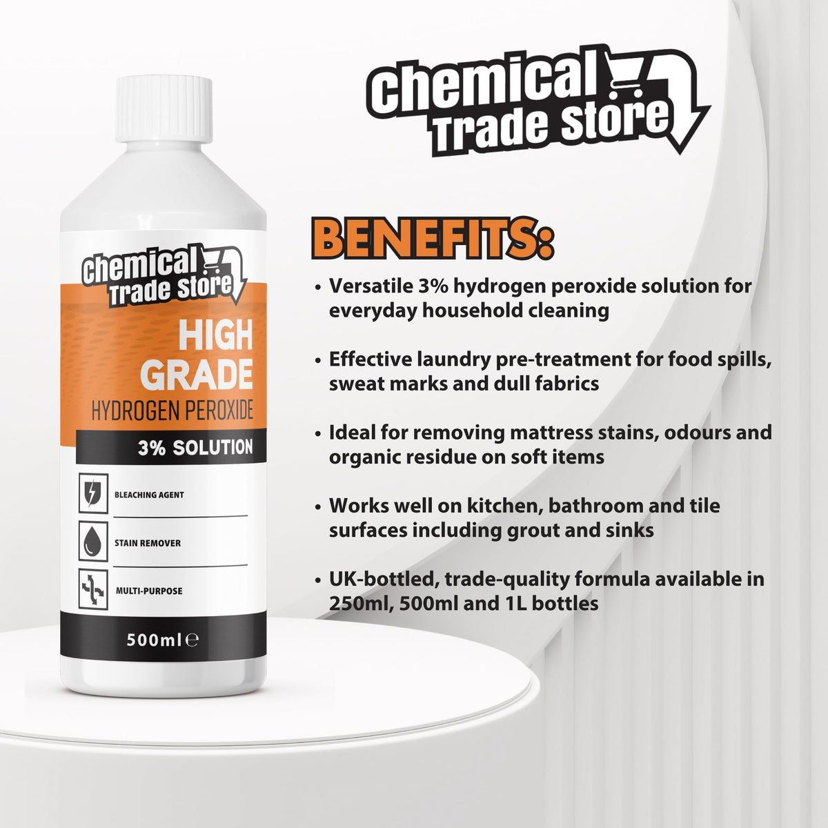 Chemical Trade Store Hydrogen Peroxide Solution 3% - 500ml Bottle | All-Purpose Cleaner | Laundry Pre-Treatment 2