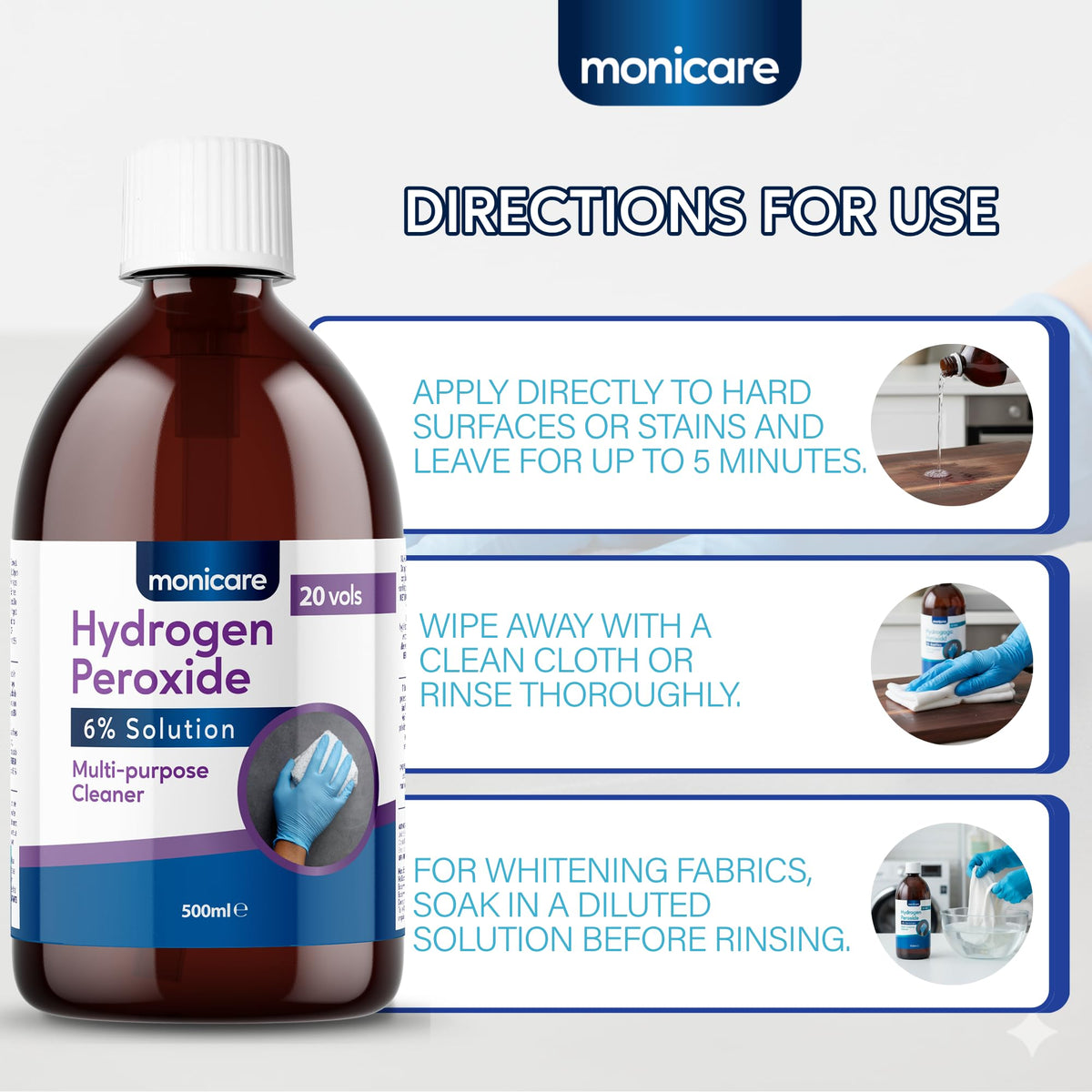 Monicare Hydrogen Peroxide 6% - All-Purpose Cleaner for Laundry & Household Use | 500 ml 6