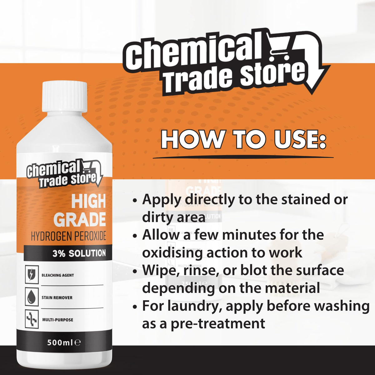 Chemical Trade Store Hydrogen Peroxide Solution 3% - 500ml Bottle | All-Purpose Cleaner | Laundry Pre-Treatment 6