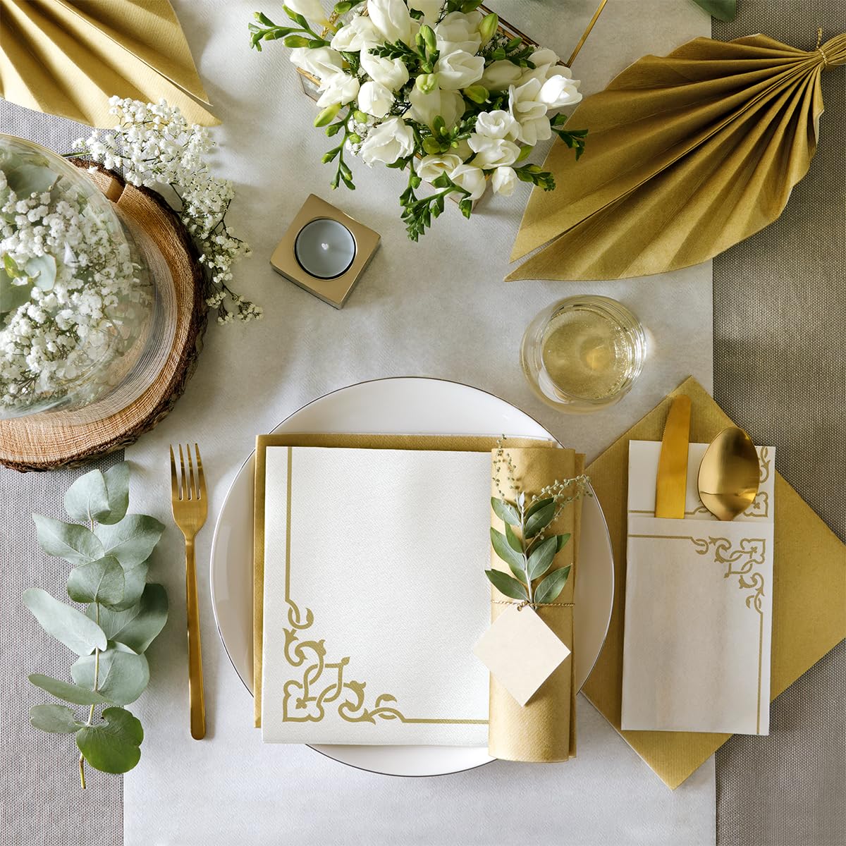 PAW Decor Collection Linen Feel Napkins - Elegant Frame Gold | 40 x 40 cm | 50 Pack 4