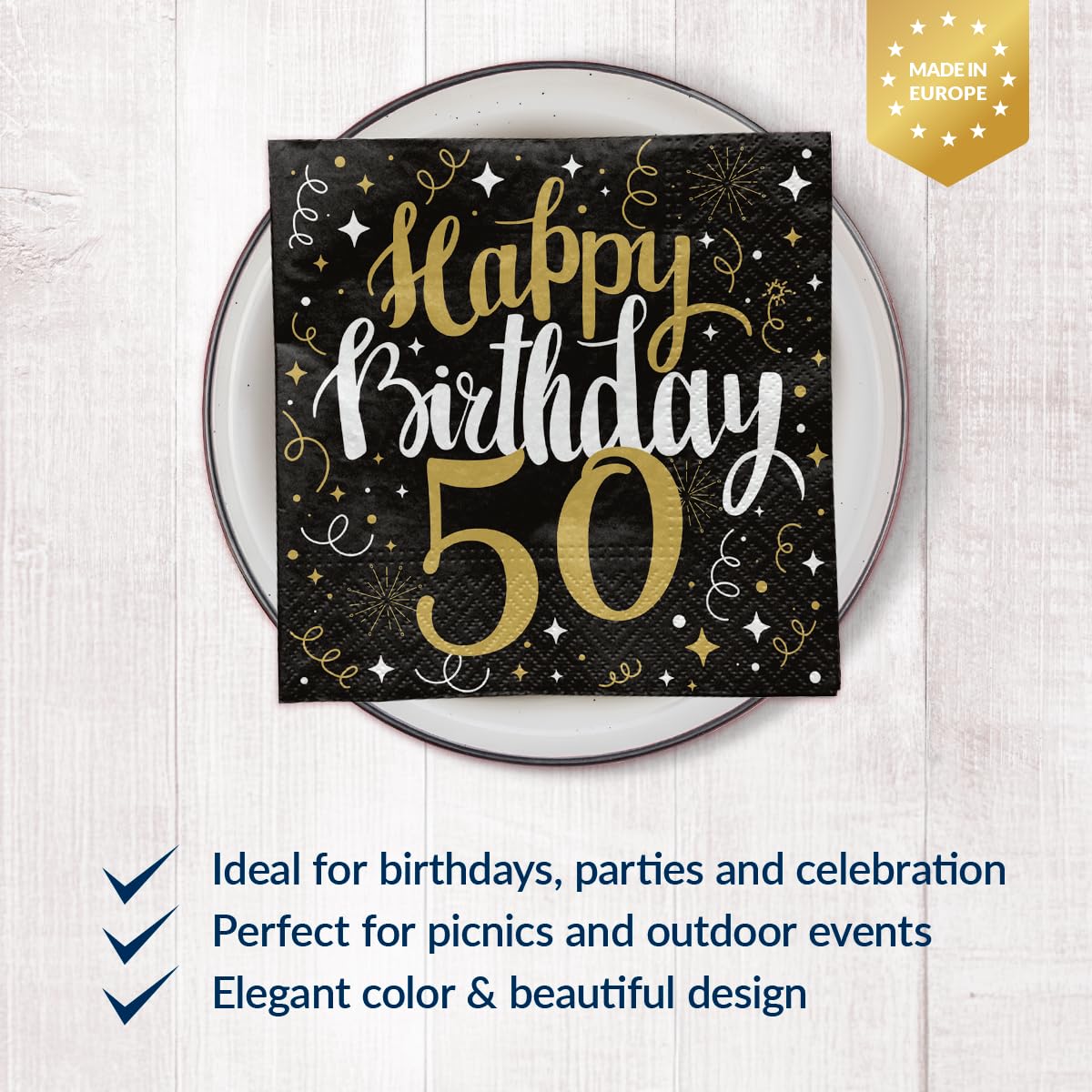 PAW Decor Collection Paper Napkins - Gold Birthday 50 Design | 33 x 33 cm | 20 Pack 2