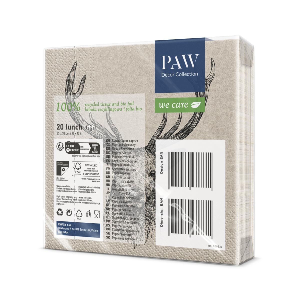 PAW Decor Collection Napkins - 3-Ply Recycled Paper, Deer Design | 20 Pieces | 33 x 33 cm 2