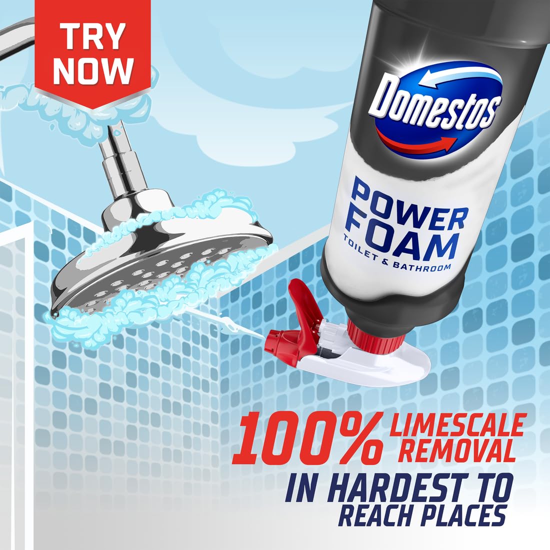 Domestos Power Foam Limescale Remover Toilet & Bathroom Cleaner Spray - 650 ml | Removes Limescale | Hospital Grade 3
