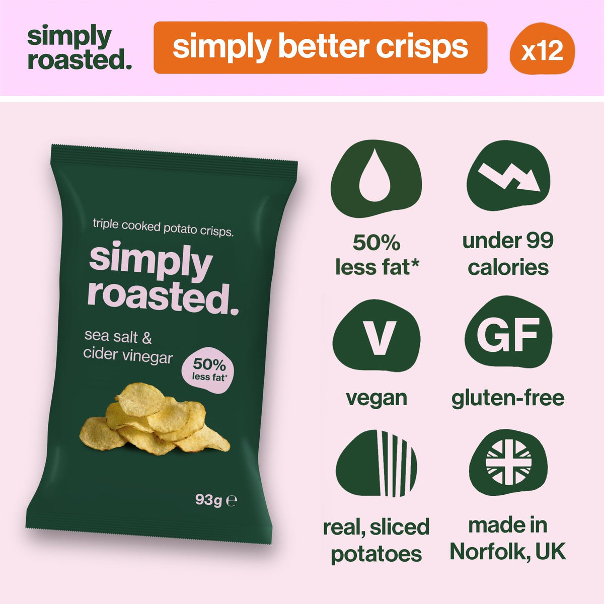 Simply Roasted Sea Salt & Vinegar Crisps - 50% Less Fat | 12 x 93g Sharer Bags