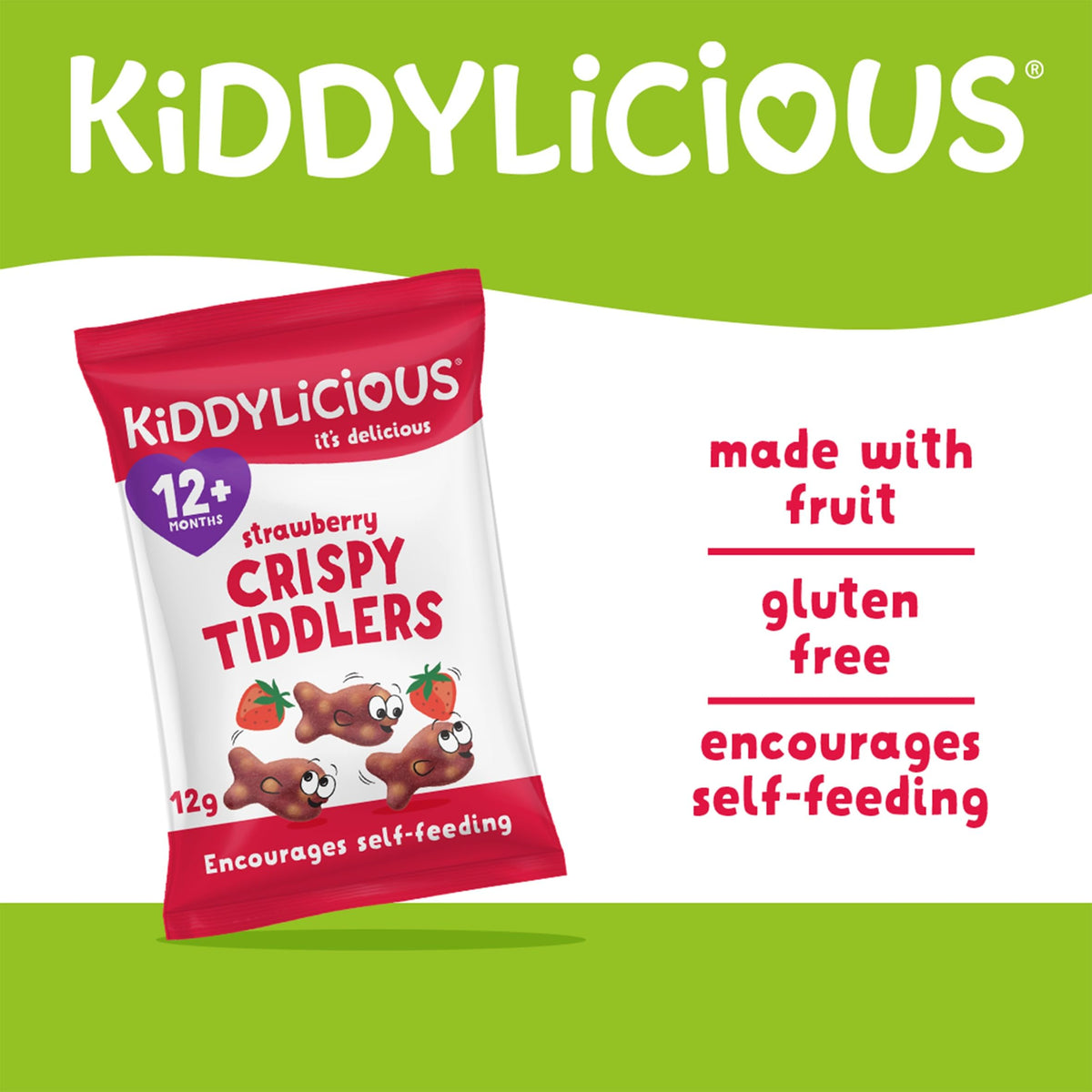 Kiddylicious Strawberry Crispy Tiddlers - Real Fruit Treat, Gluten-Free, Nut-Free, Egg-Free, 12g (Pack of 28)