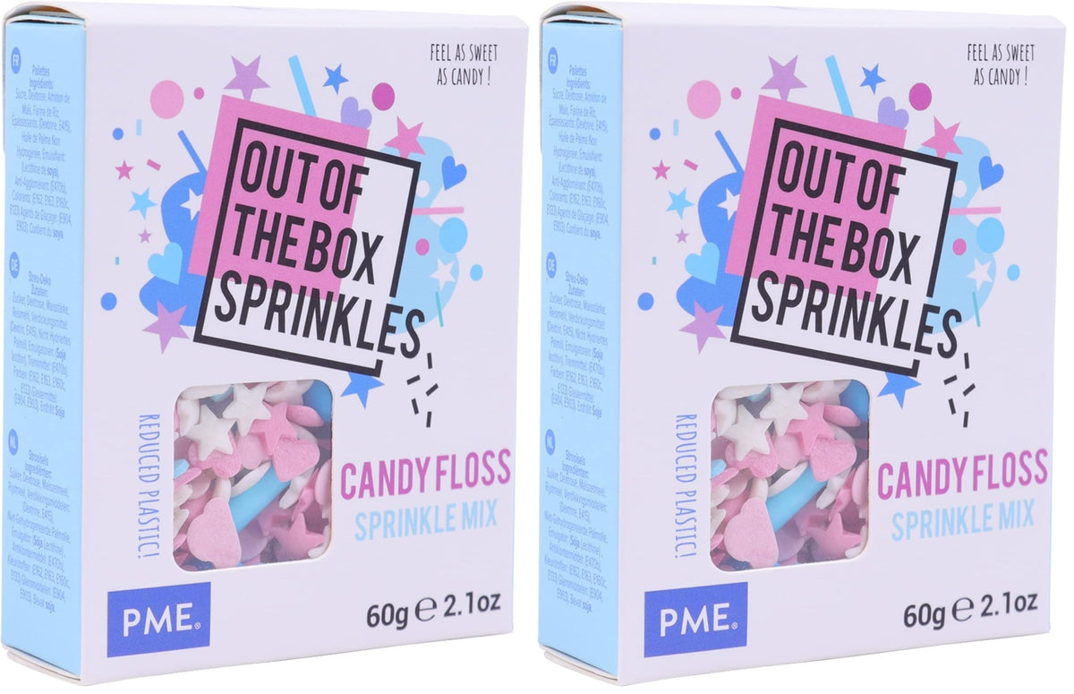 PME Out the Box Sprinkle Mix - Candy Floss Theme, Sugar Shapes, Resealable Box, 120g (Pack of 2)