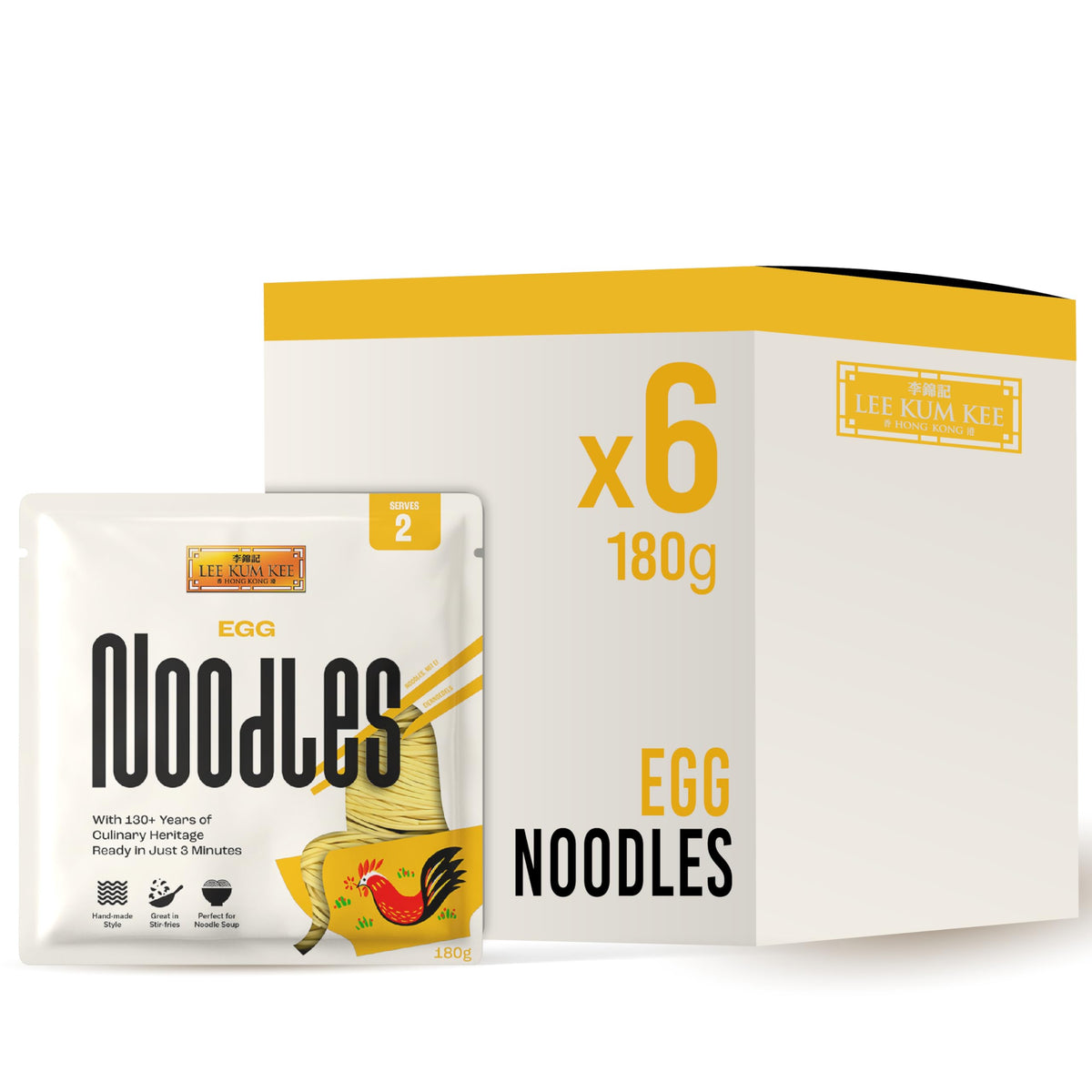 Lee Kum Kee Egg Noodles - 180g Pack of 6 | Ready in 3 Minutes | Handmade-Style Quality