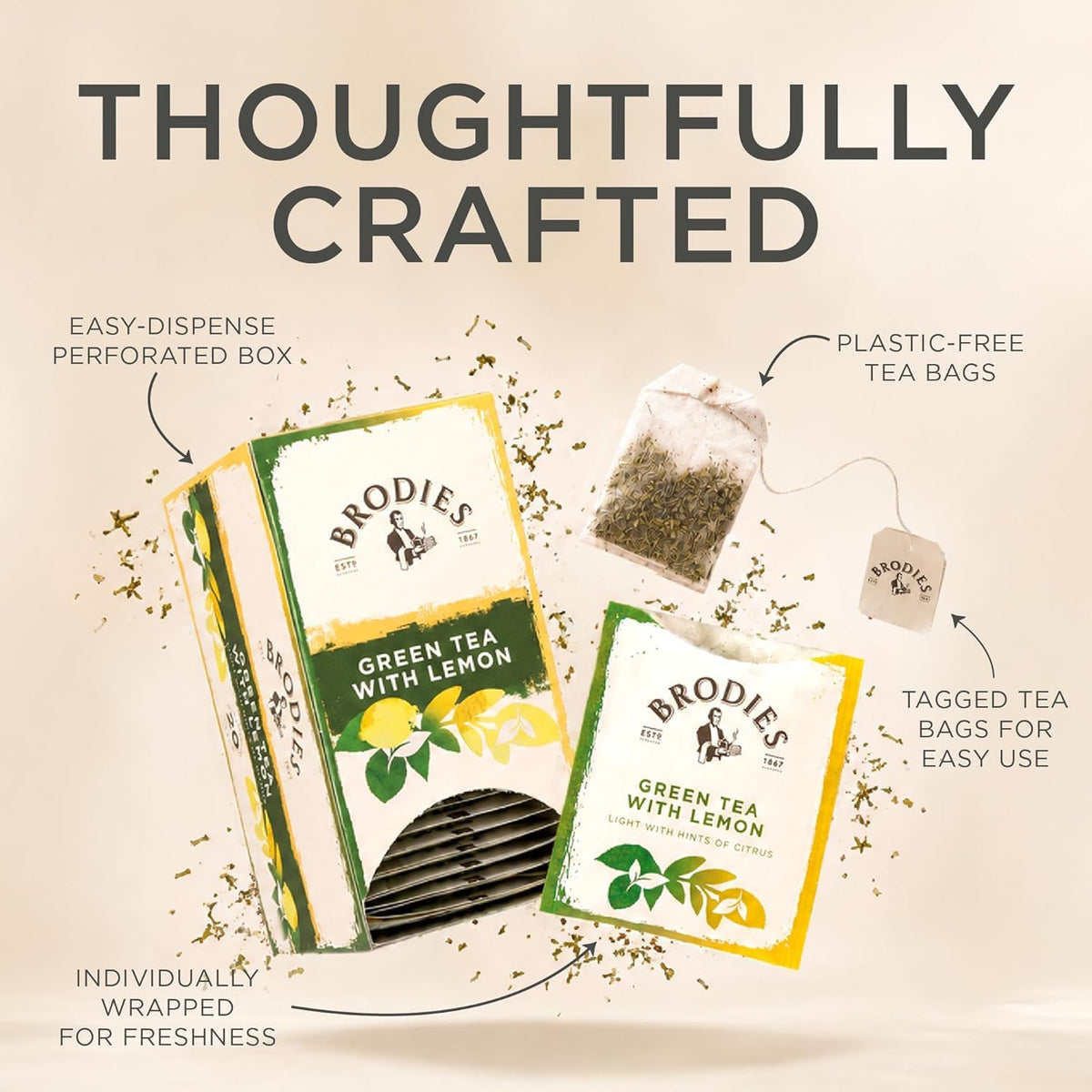 Brodies Green Tea with Lemon - 120 Teabags | Refreshing & Palate Cleansing | 6 Boxes of 20 3