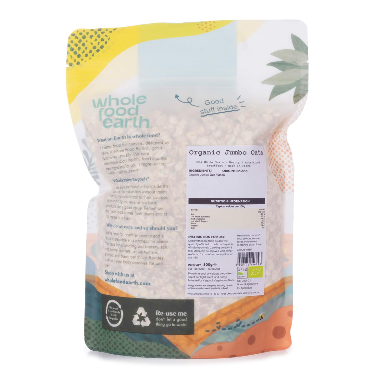 Wholefood Earth Organic Jumbo Oats - 500g | High Fibre | Vegan | GMO Free
