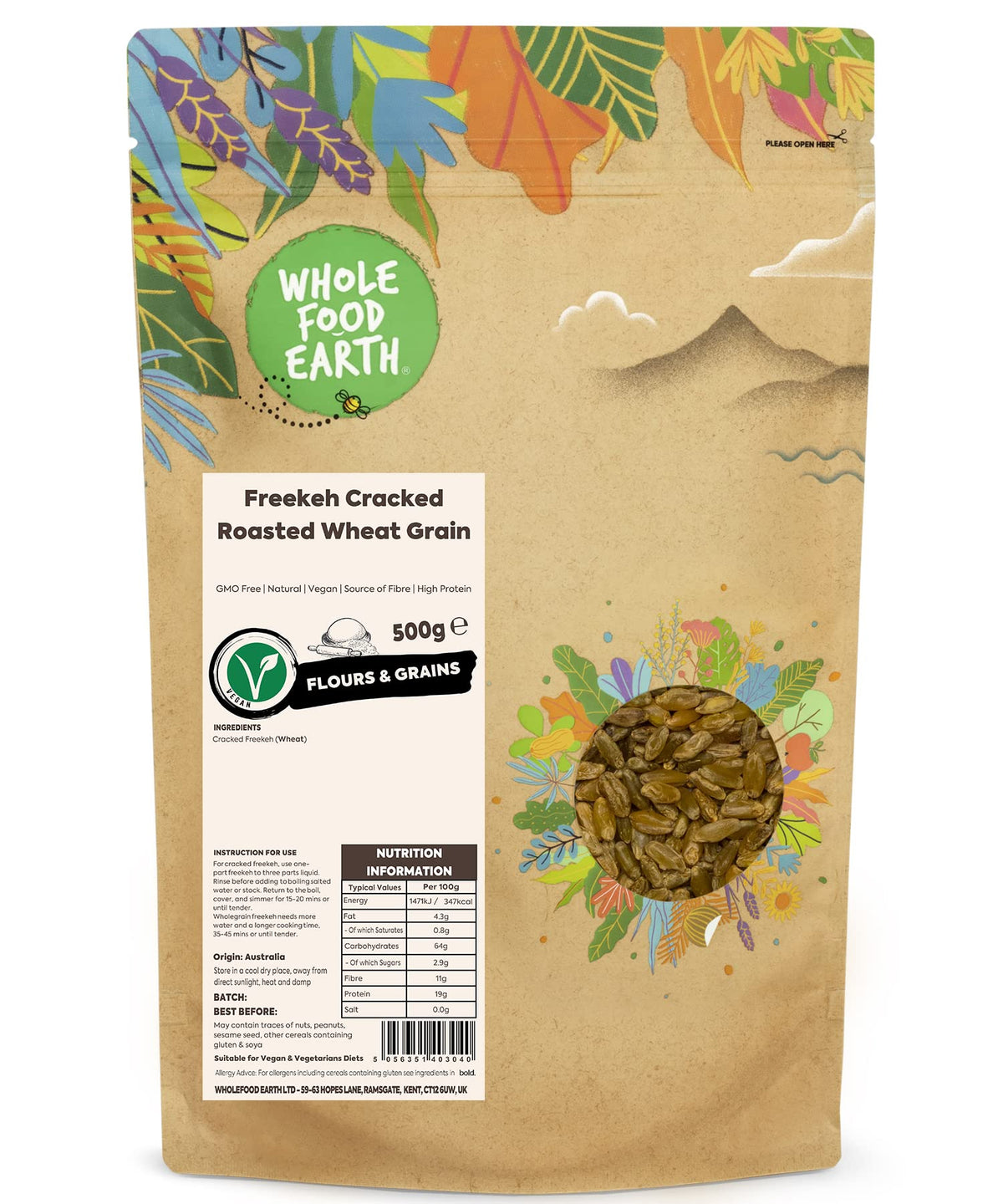 Wholefood Earth Cracked Roasted Wheat Grain (Freekeh) - 500g | GMO Free | High Fiber & Protein