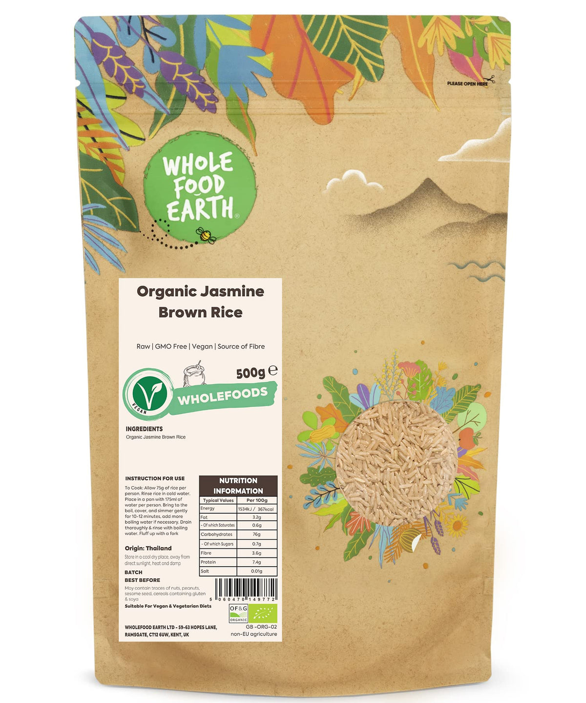 Wholefood Earth Organic Jasmine Brown Rice - 500g | GMO Free | Vegan