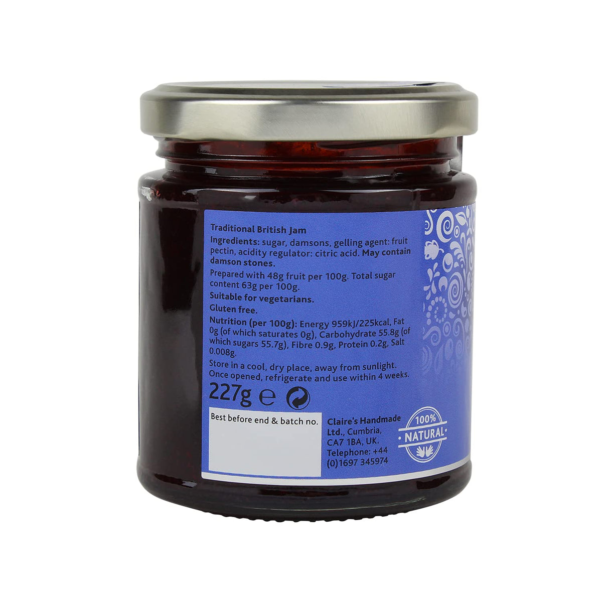 Claire's Handmade Damson Extra Jam - Tart Flavour, Gluten Free, Suitable for Vegans - 227g