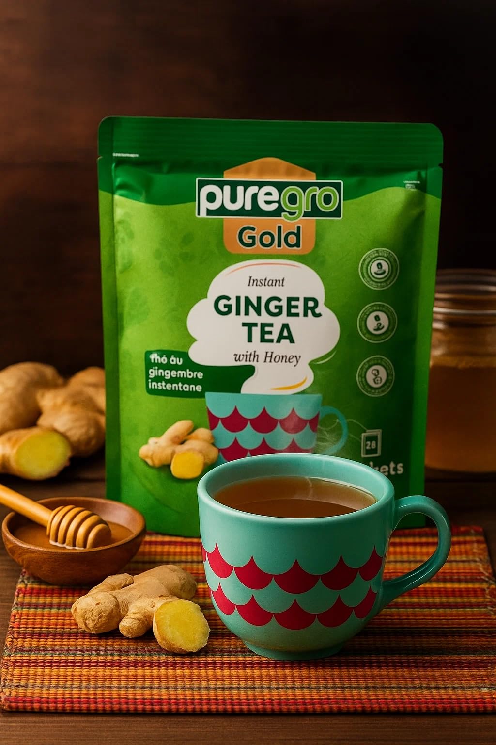 Puregro Instant Ginger Tea with Honey - 20 Sachets | Warming & Soothing Herbal Tea 3