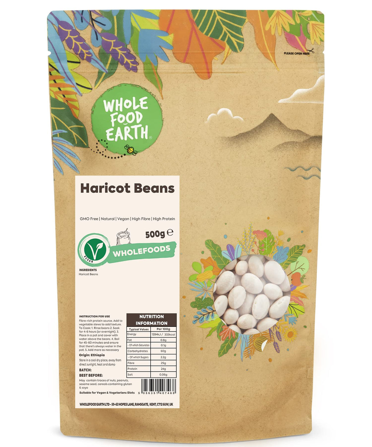 Wholefood Earth Haricot Beans - 500g | Non-GMO | Vegan | High Fibre