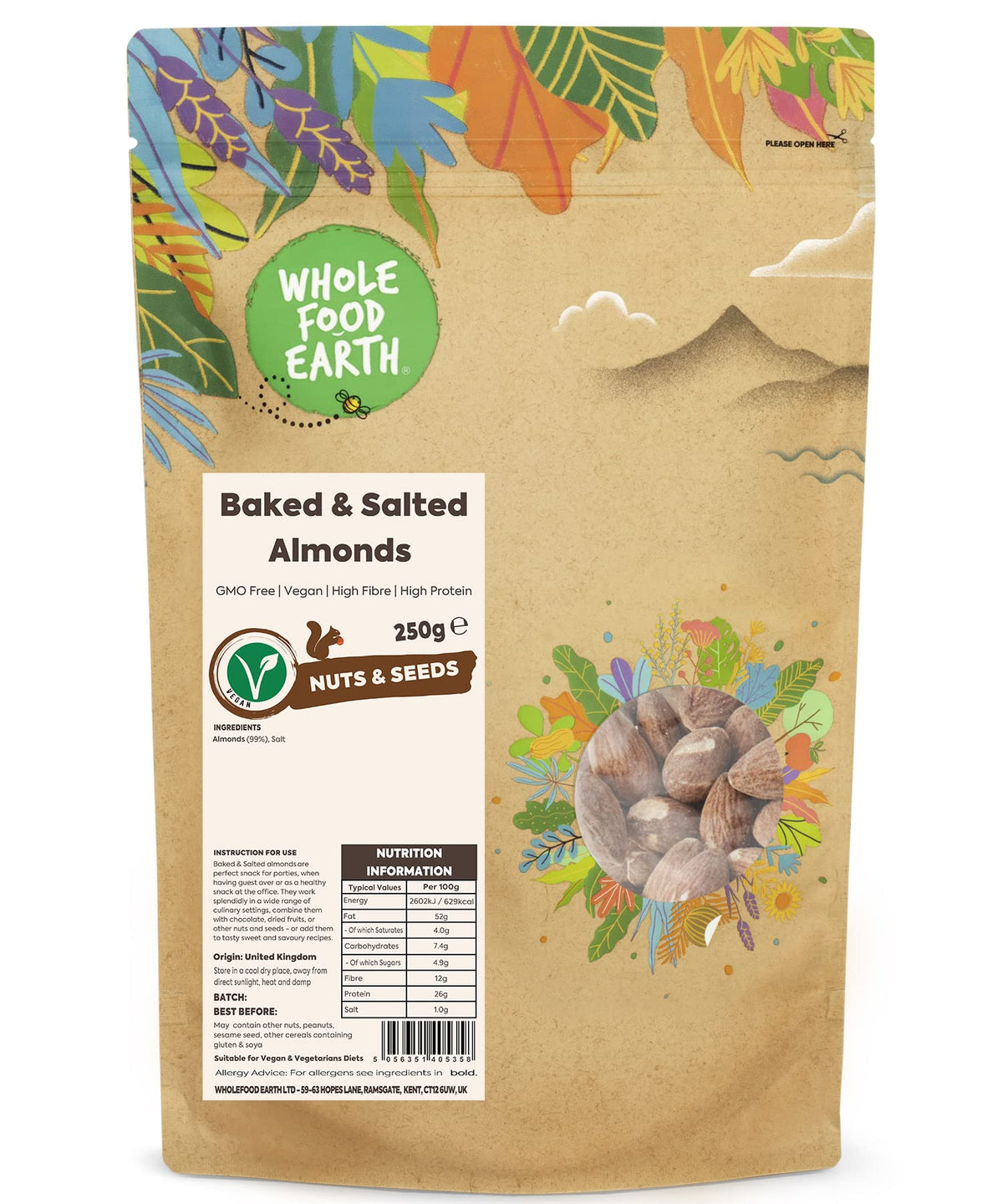 Wholefood Earth Roasted and Salted Almonds - High Fibre | 250g | GMO Free 1