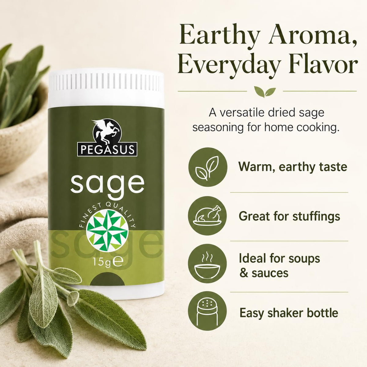 Pegasus Dried Sage Leaf - Earthy Herbal Flavour for Stuffing & Roasts | 15g