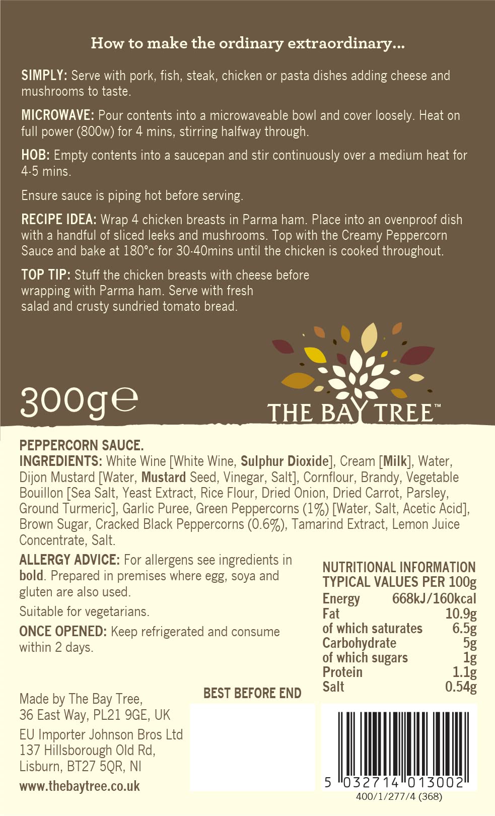 The Bay Tree Peppercorn Sauce - Creamy & Versatile | 300g