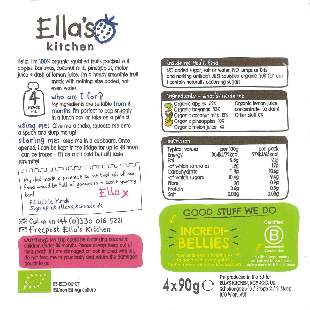 Ella's Kitchen Organic The White One Smoothie Fruit - Suitable for 6+ Months | 4 x 90g Pouches