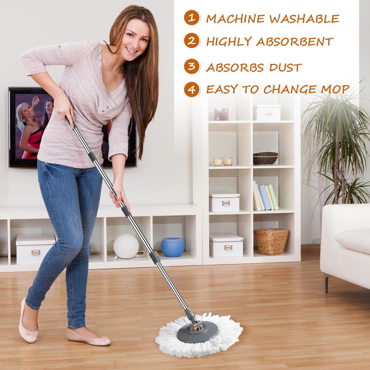 Rainberg Spin Mop and Bucket Set with 4 Microfiber Heads - 130cm Extendable Handle, 180-degree Rotation, Self-wringing System 3