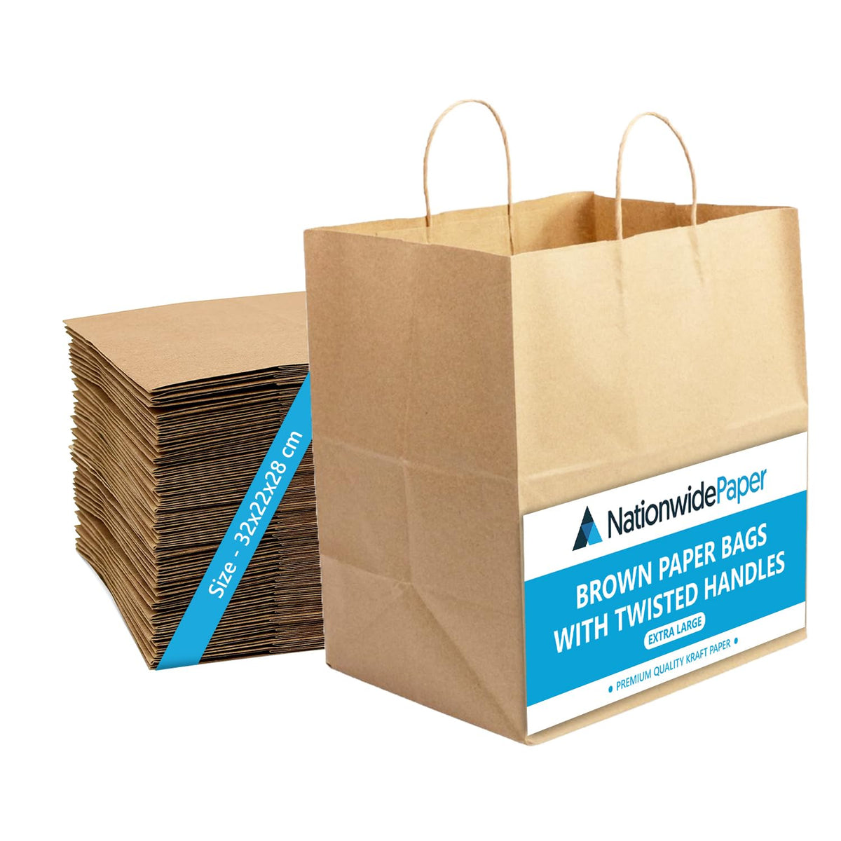 Nationwide Paper Kraft Paper Bags - Food Safe, Extra Large Plus (320x220x280mm), 25 Count