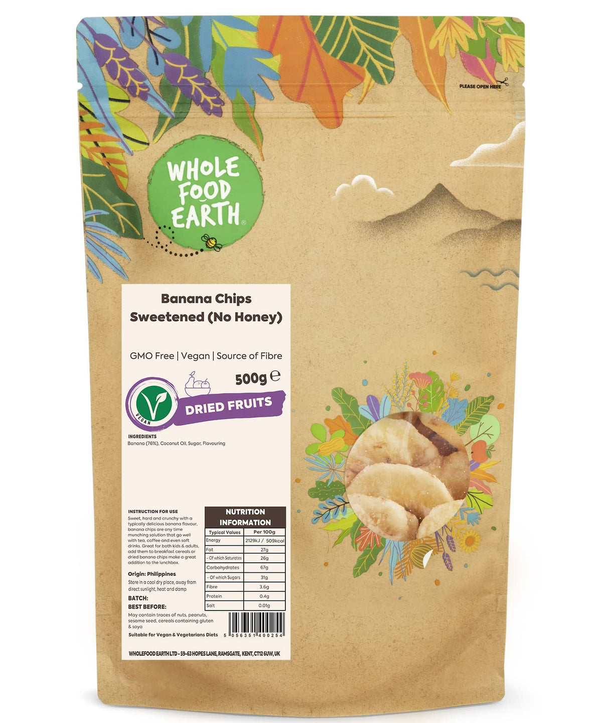 Wholefood Earth Banana Chips Sweetened - 500g Bag | Non-GMO | Coconut Oil Toasted 1