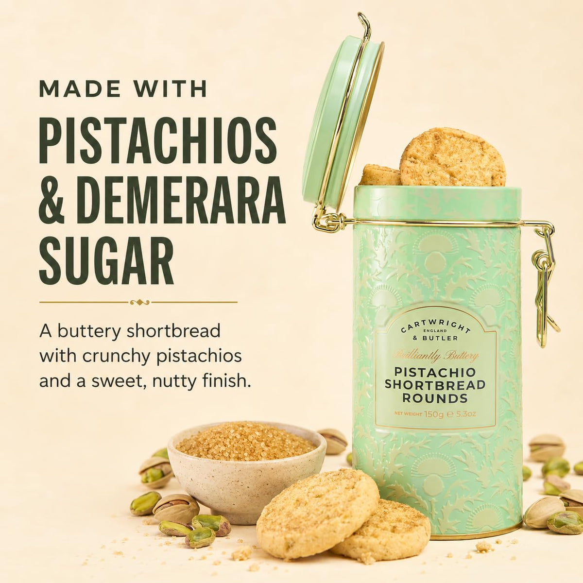 Cartwright & Butler Pistachio Shortbread Rounds - 150g Tin | Rich & Buttery | Vegetarian 5