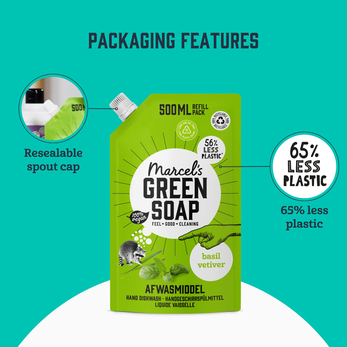Marcel's Green Soap Washing-Up Liquid Refill - Basil & Vetiver - 2 x 500ml