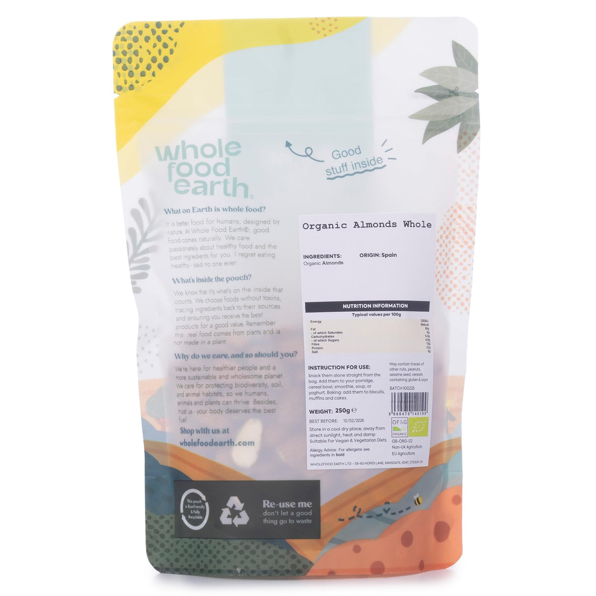 Wholefood Earth Organic Almonds Whole - Raw, GMO Free, Vegan | 250g