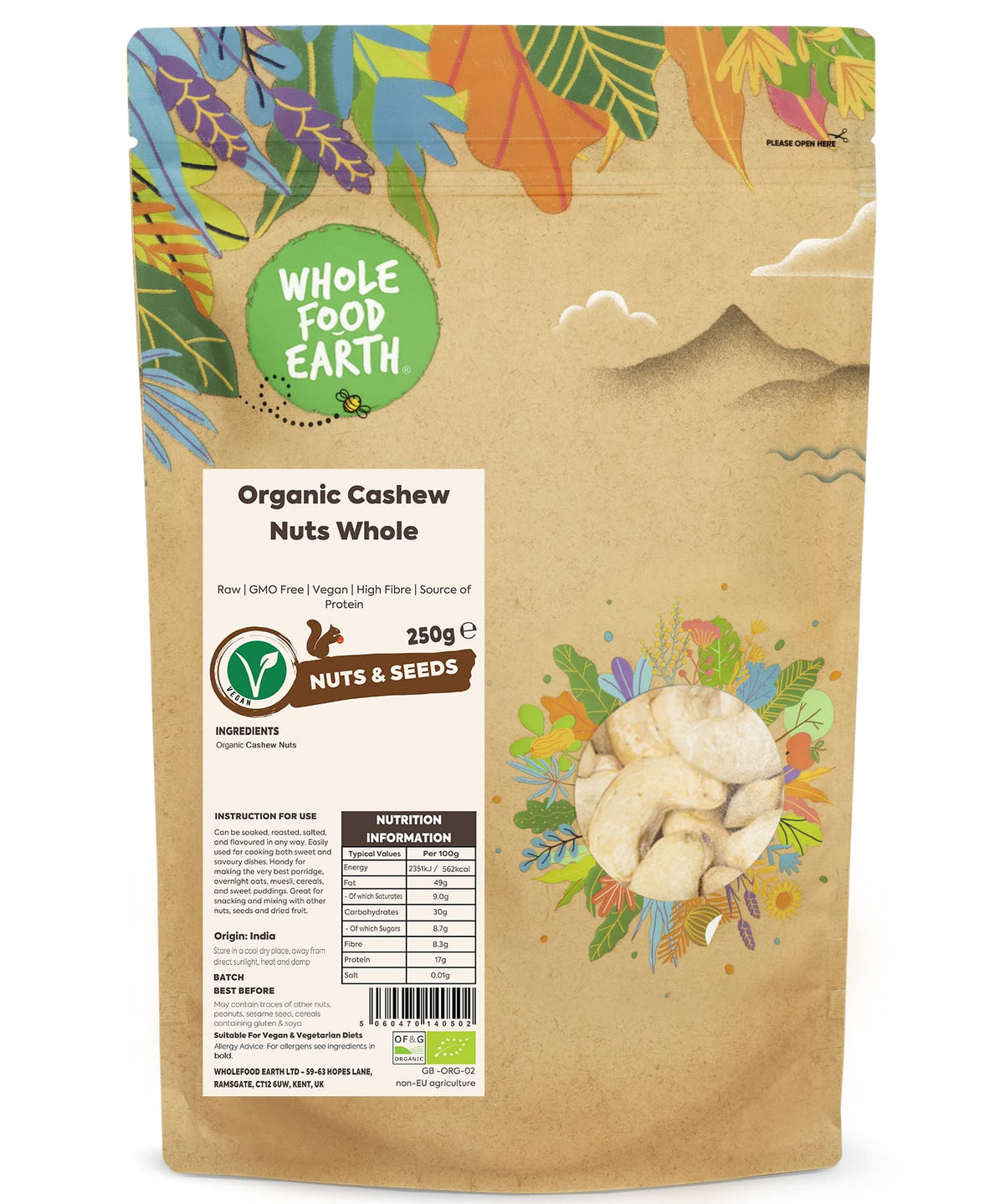 Wholefood Earth Organic Cashew Nuts - Raw, 250g