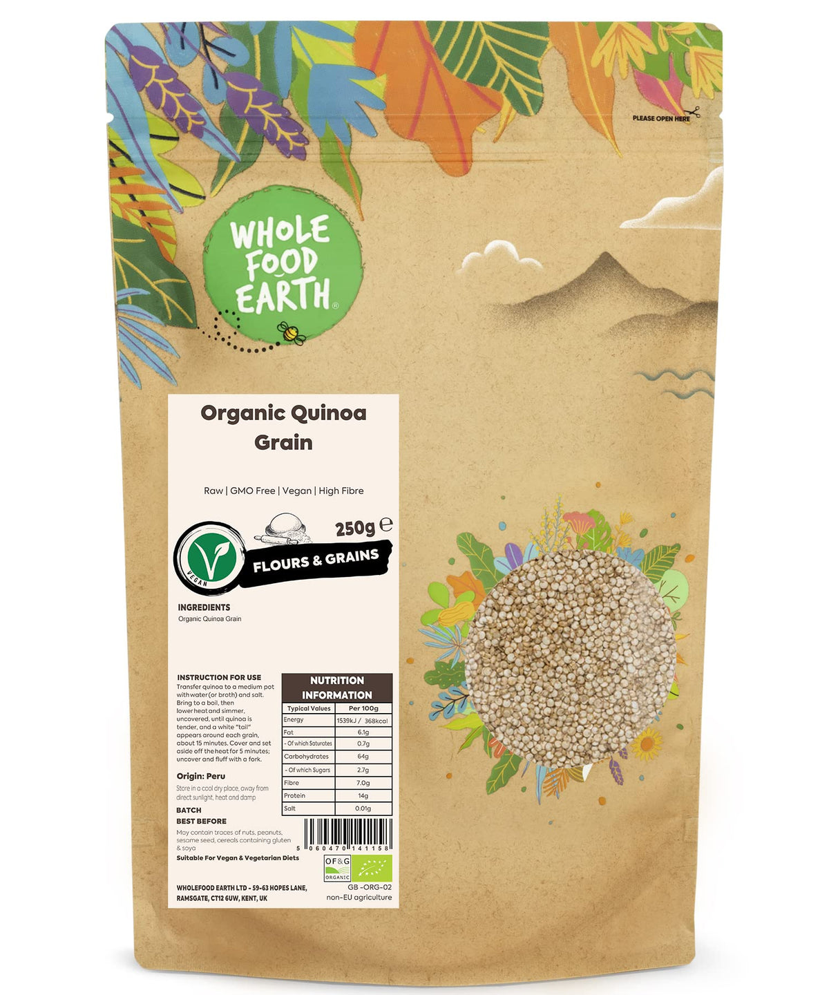 Wholefood Earth Organic Quinoa Grain - 250g | Vegan | GMO Free