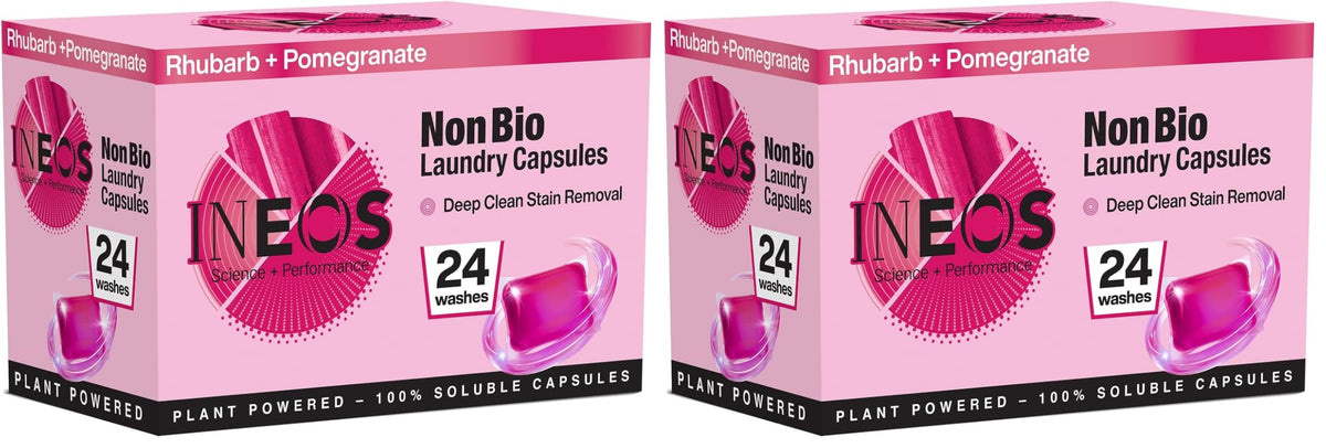 INEOS Hygienics Non-Bio Laundry Capsules - Rhubarb & Pomegranate Scent | 24 Washes | Pack of 2