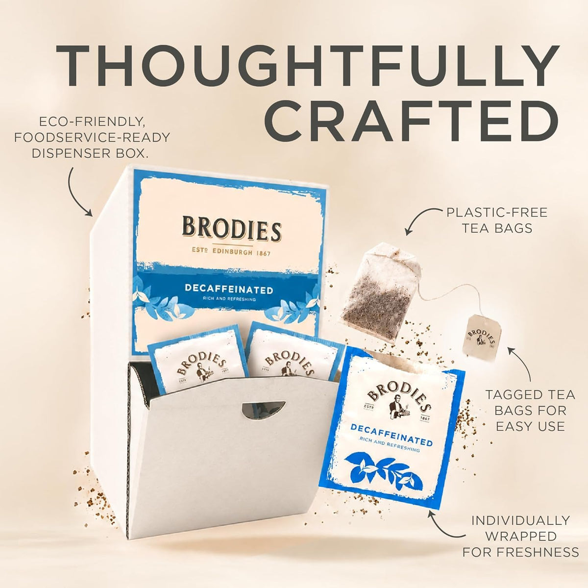 Brodies Decaffeinated Black Tea - 250 Teabags | Caffeine-Free | Eco-Friendly Dispenser Box 3
