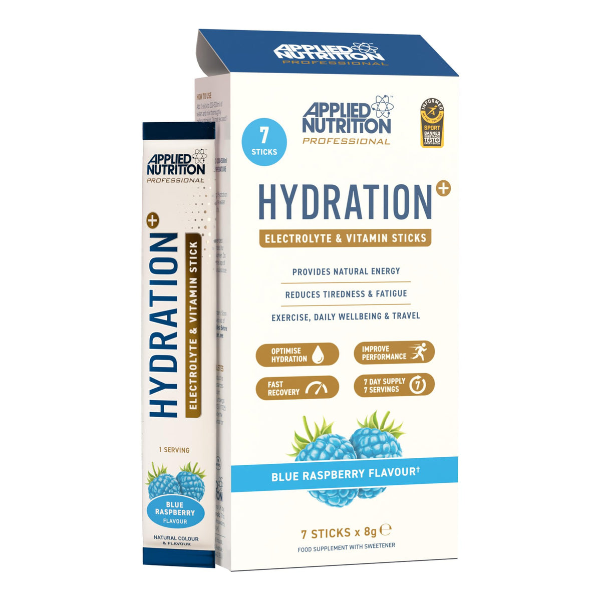 Applied Nutrition Hydration+ Electrolyte & Vitamin Sticks - Rapid Hydration & Energy | 7 Servings | Blue Raspberry