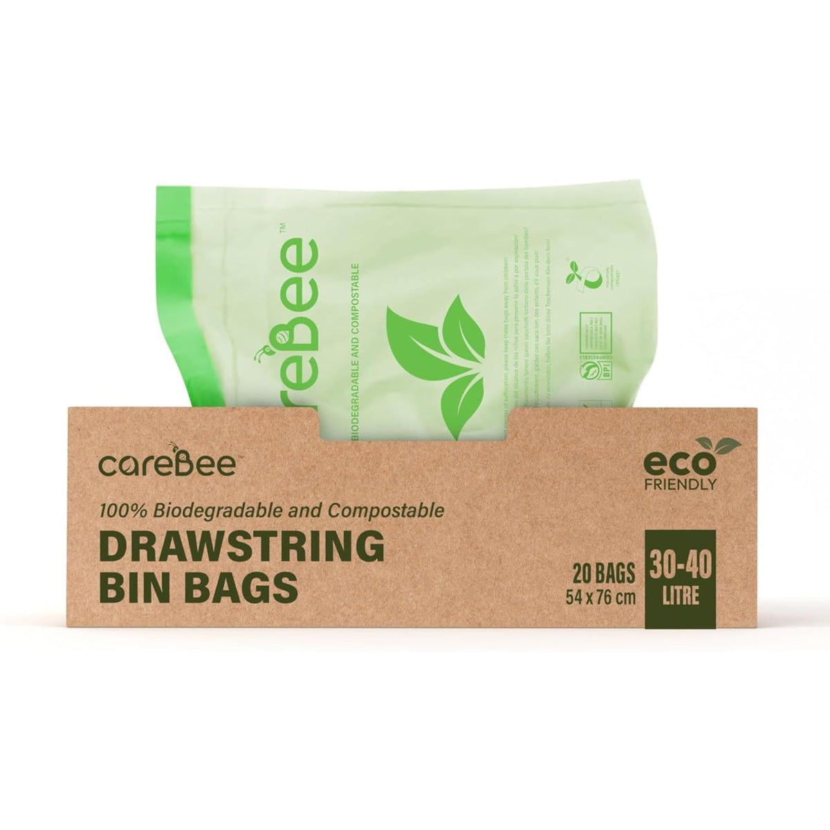 CareBee Drawstring Bin Bags - Heavy Duty, Odour Control | 30-40L, Pack of 20