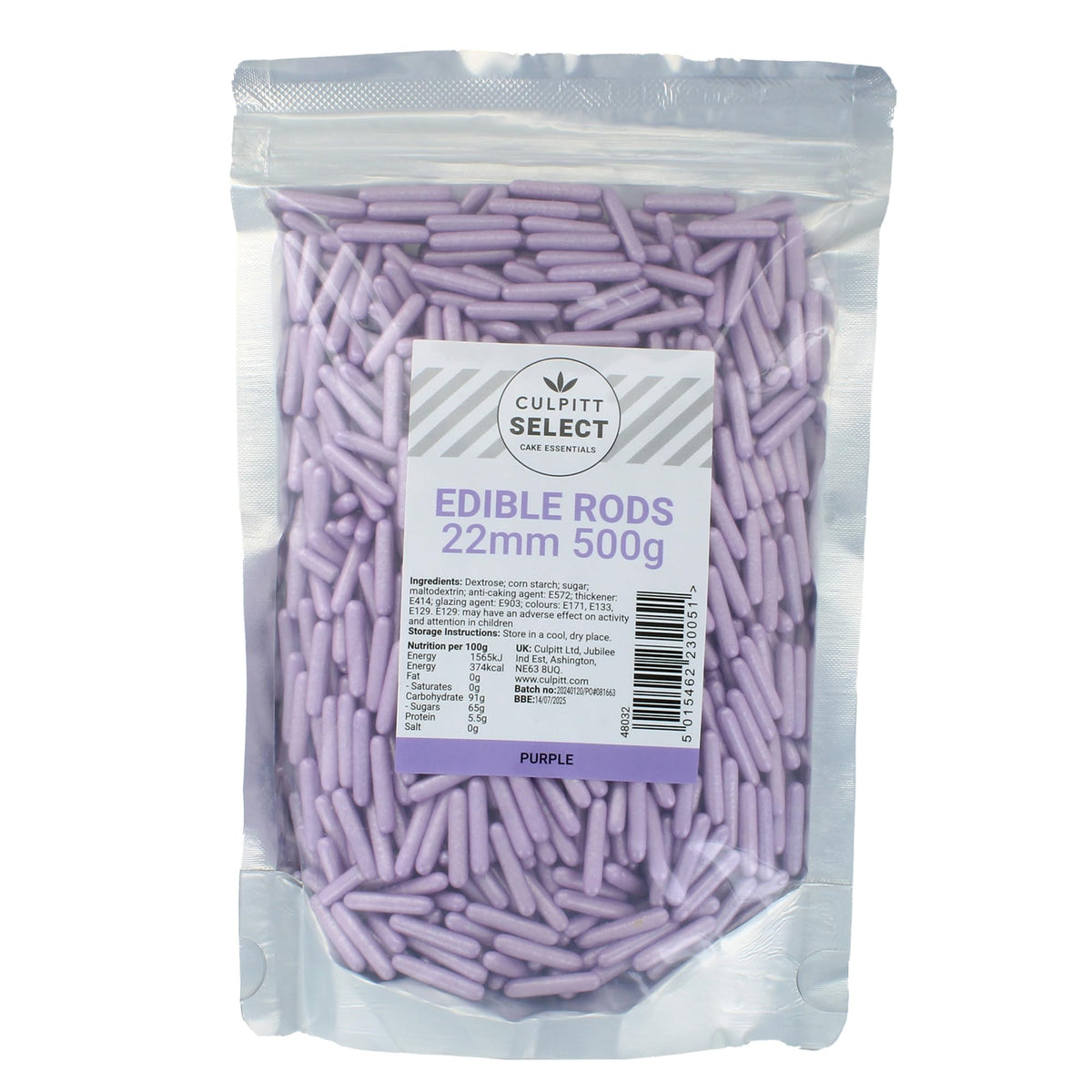 Culpitt Purple Sugar Rods - 500g Pouch | Edible Cake Decorations | 22mm Size